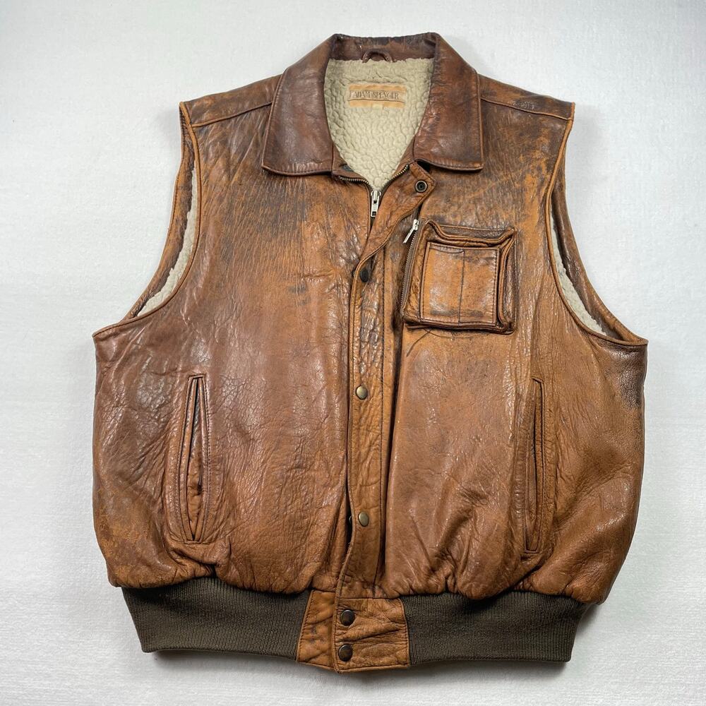 Vintage Adam Spencer Patina Leather Faux Sherpa Vest L Utility Aviator Western